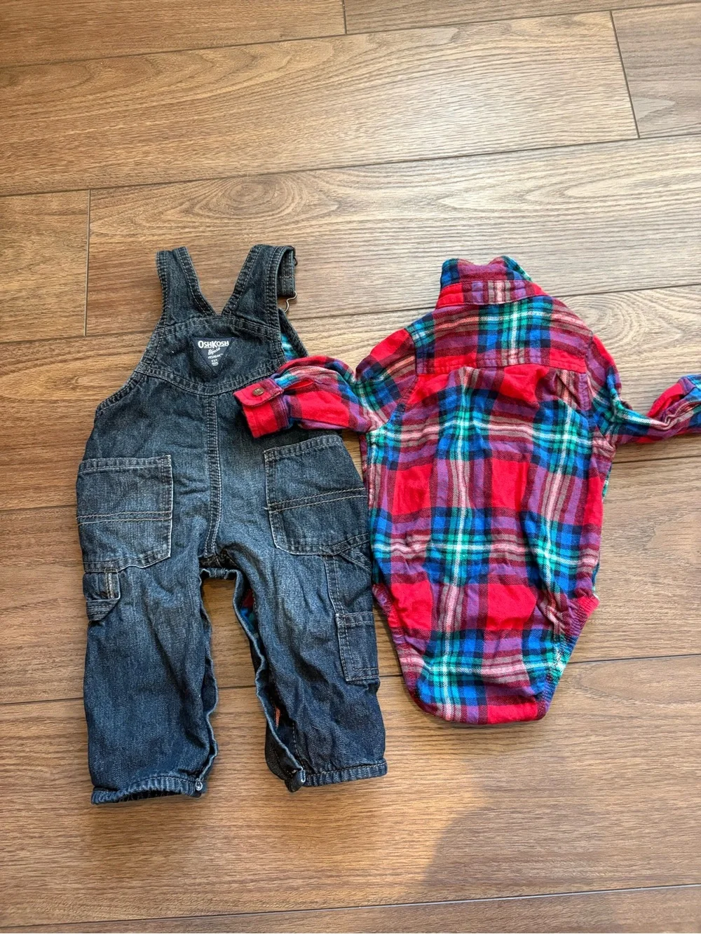 Oshkosh B’gosh Flannel Lined Denim Overalls & Plaid Onesie Set